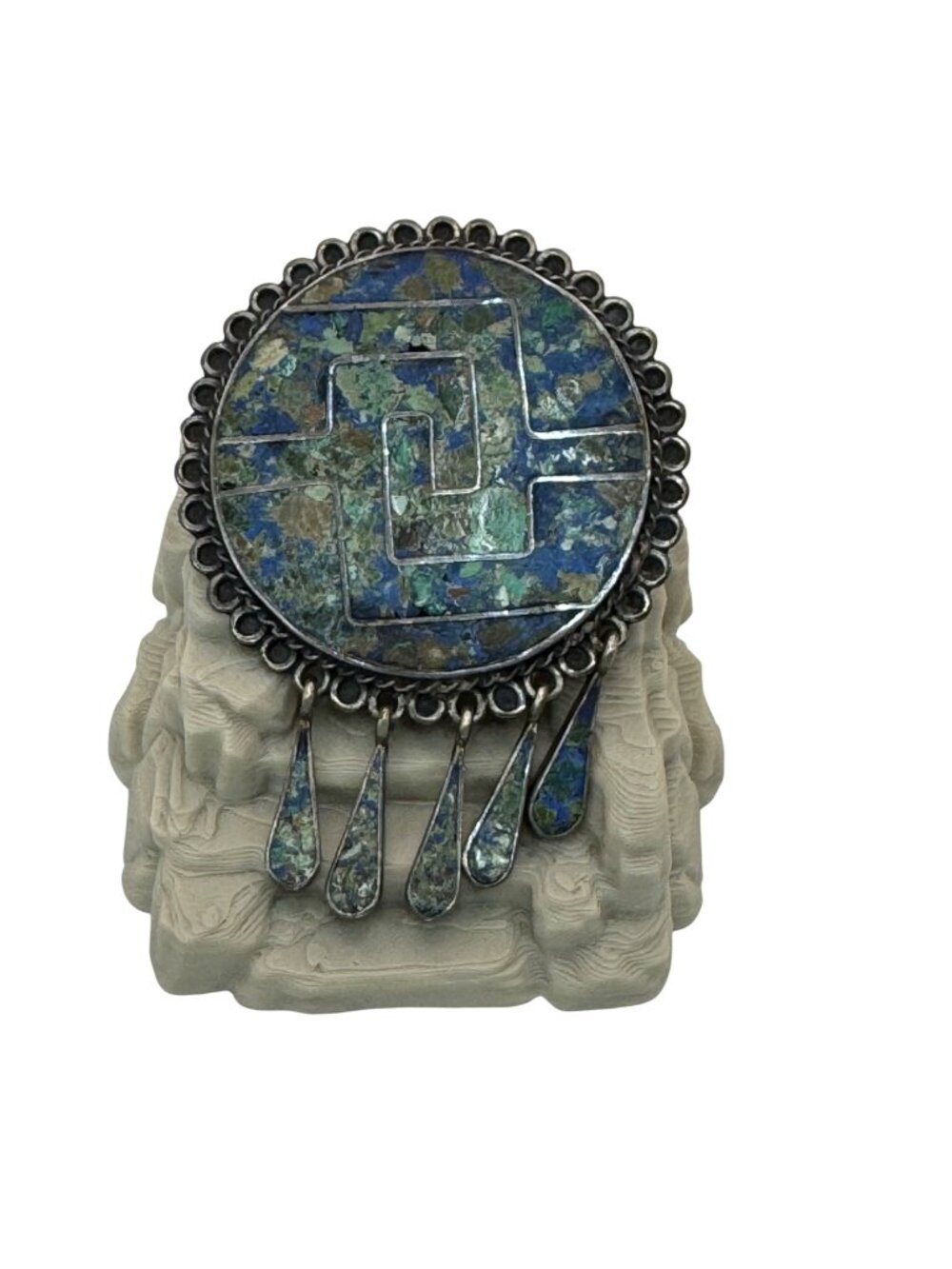 Lapis Turquoise Mosaic  Brooch Pendant Vintage 925 Sterling Silver Taxco Mexico
